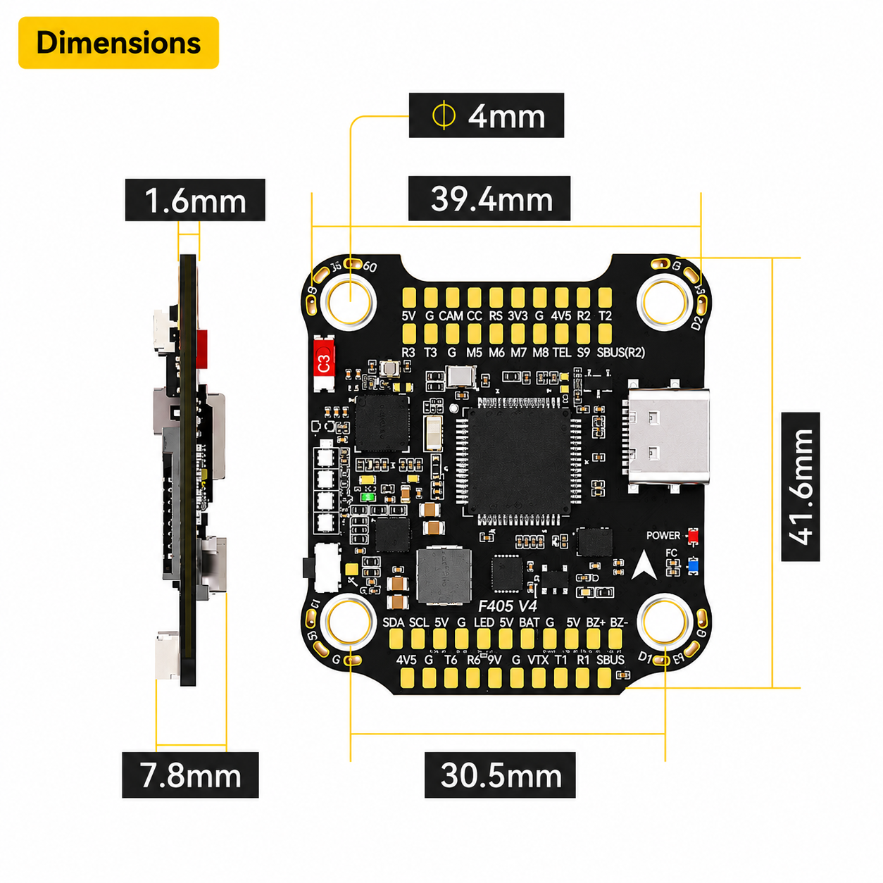 F405 V4 30x30 flight controller dimensions and mounting layout