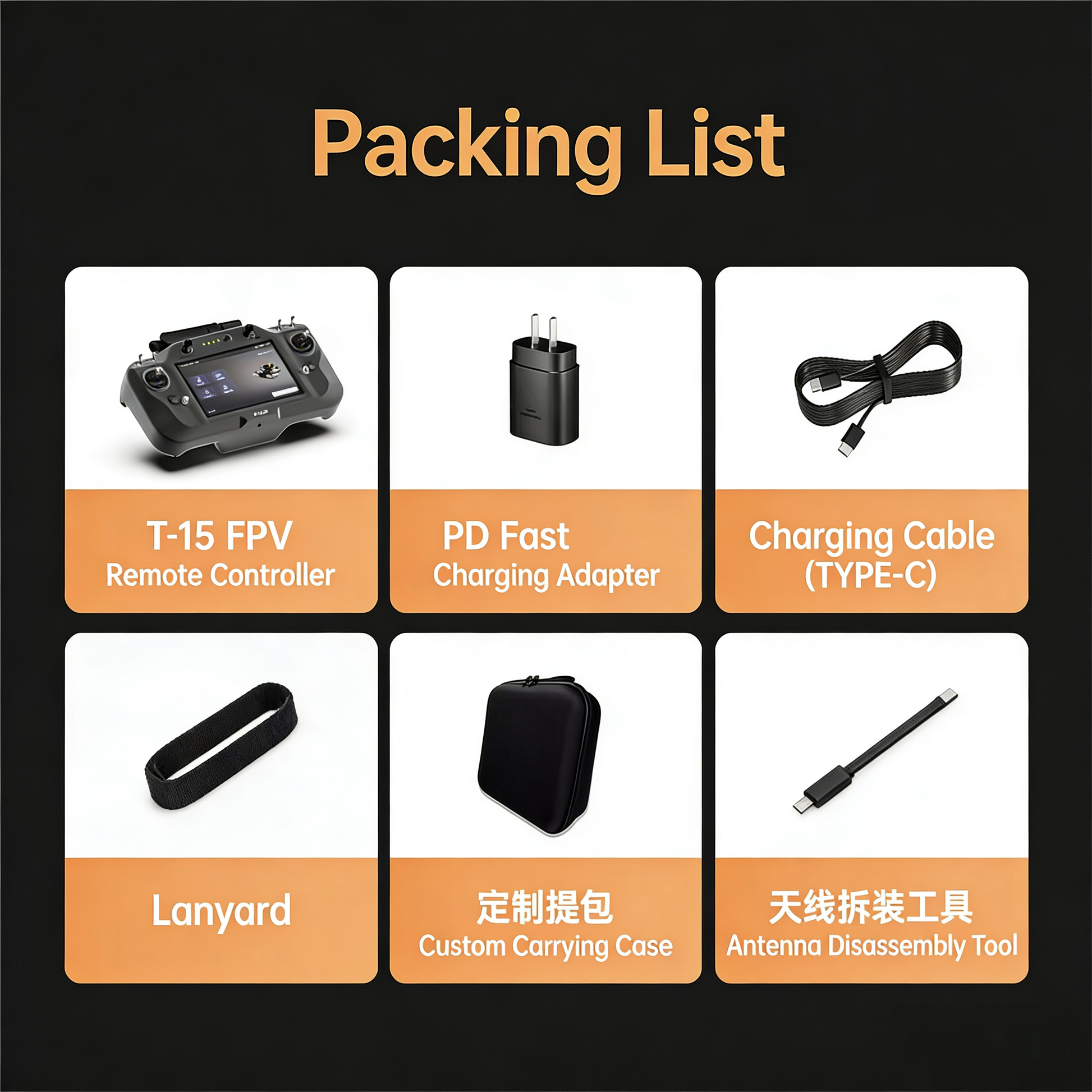 Headset, charger and accessories included with Fiber Optic Remote Controller