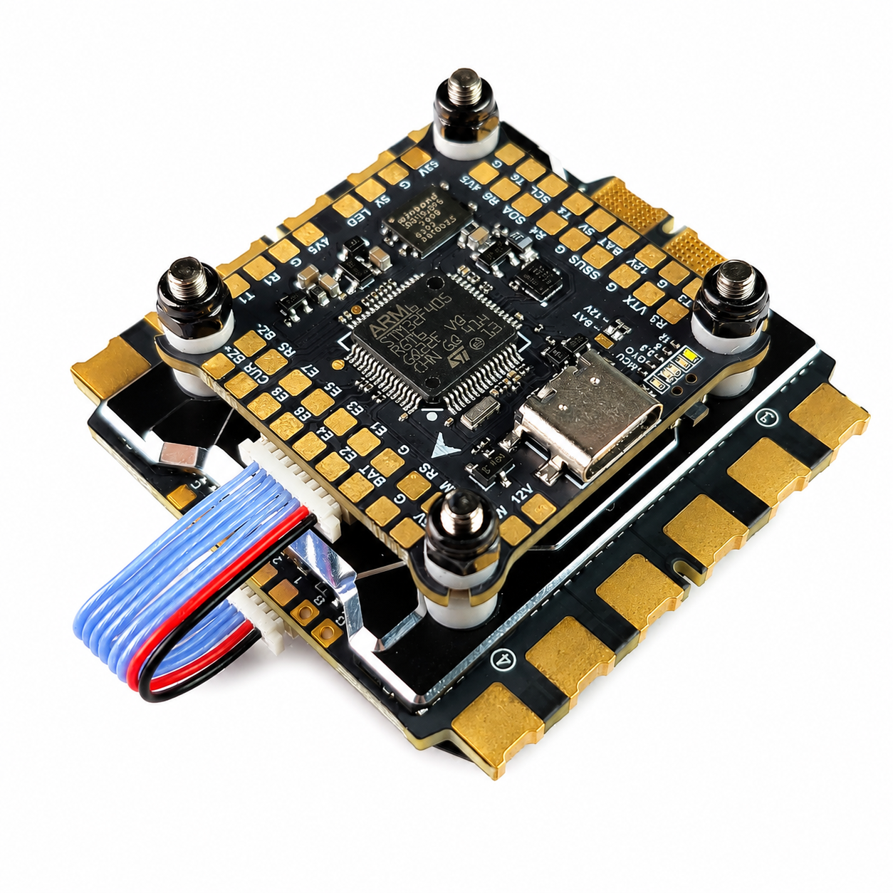 Angled view of FlyfishRC F405 and 100A ESC stack