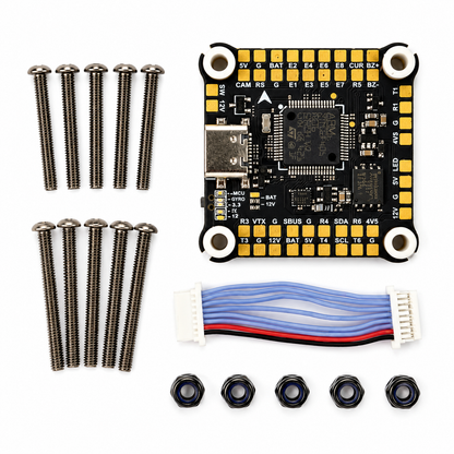 FlyfishRC F405 flight controller with mounting hardware and accessories
