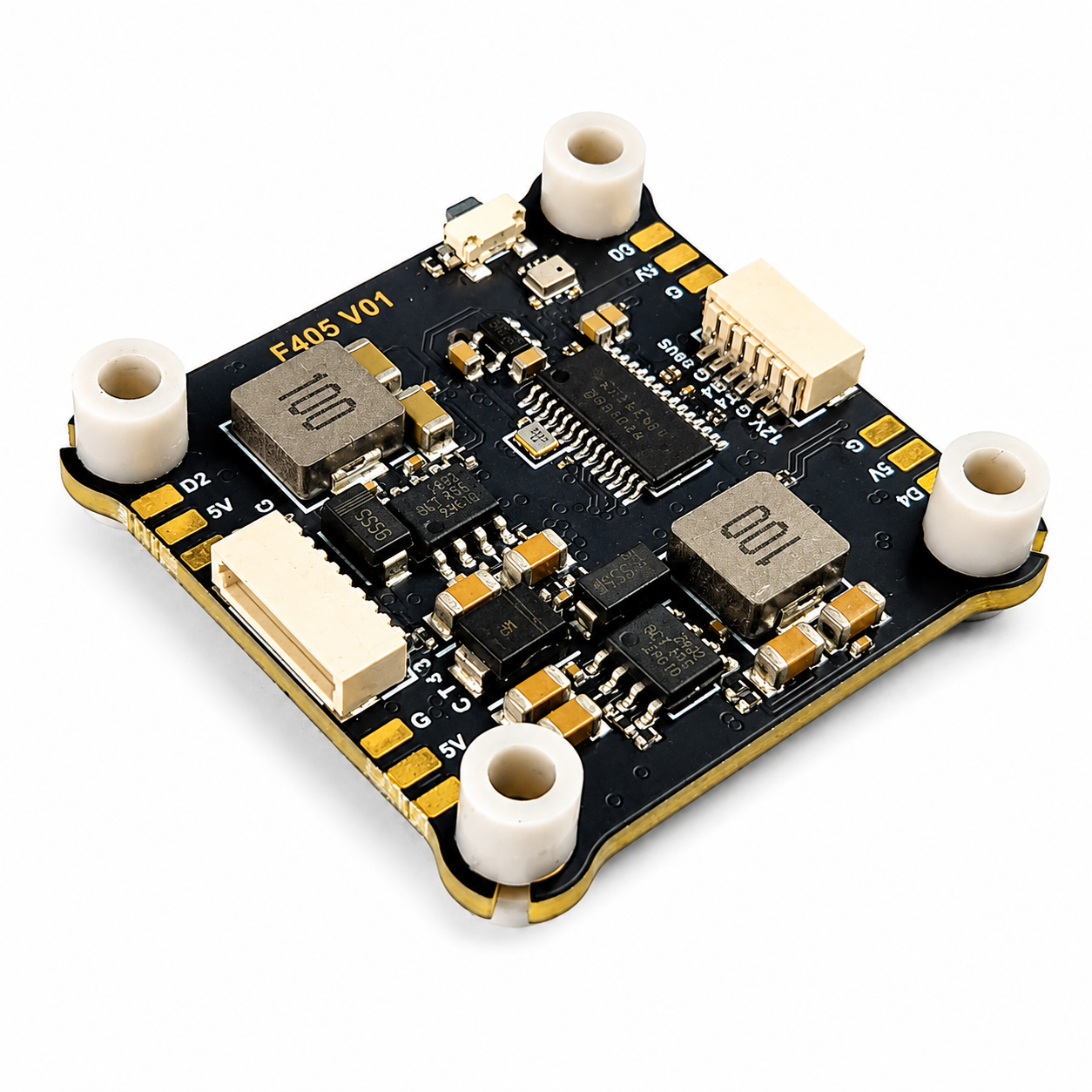 Mounted angle view of FlyfishRC F405 flight controller