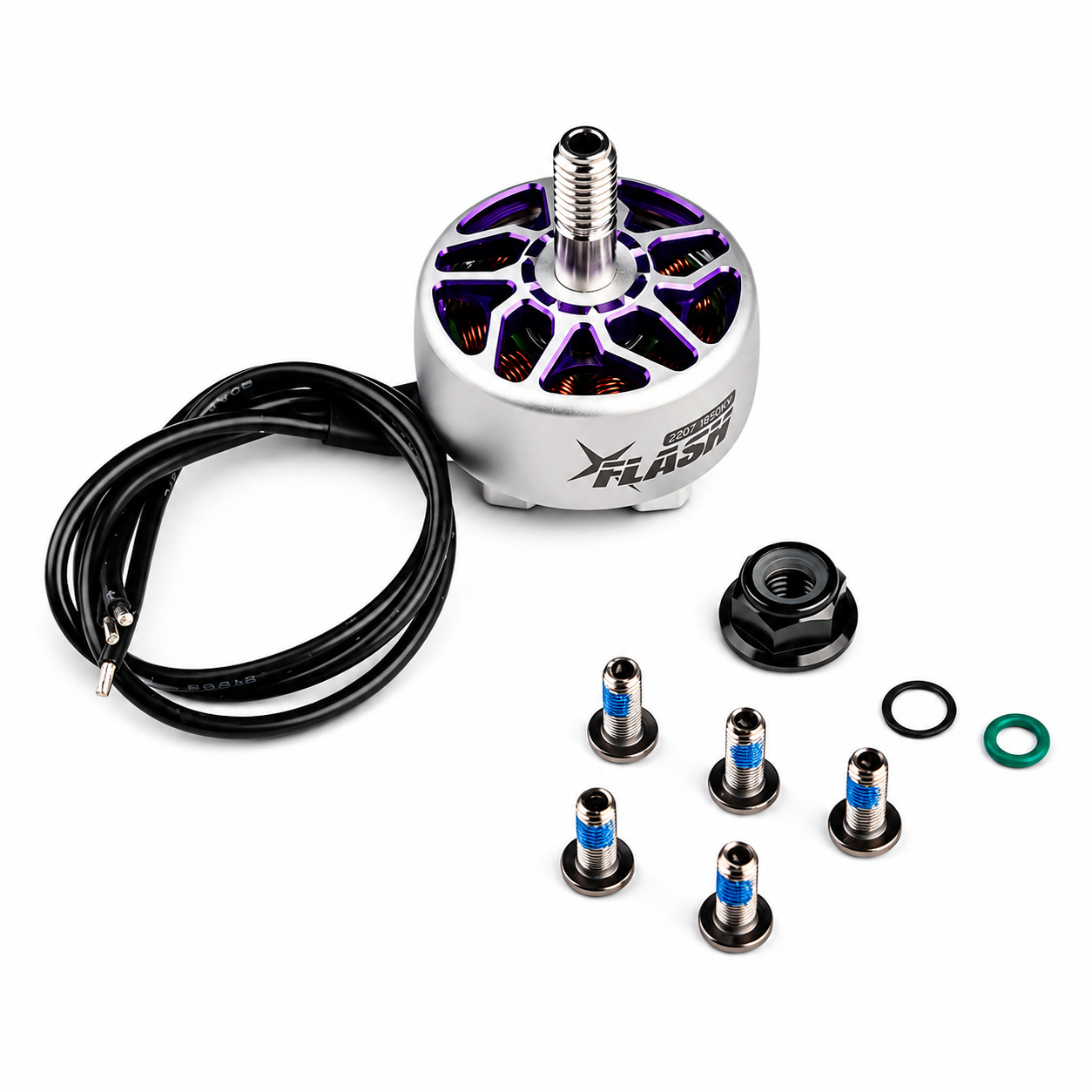 FlyFishRC Flash 2207 motor with mounting hardware and accessories