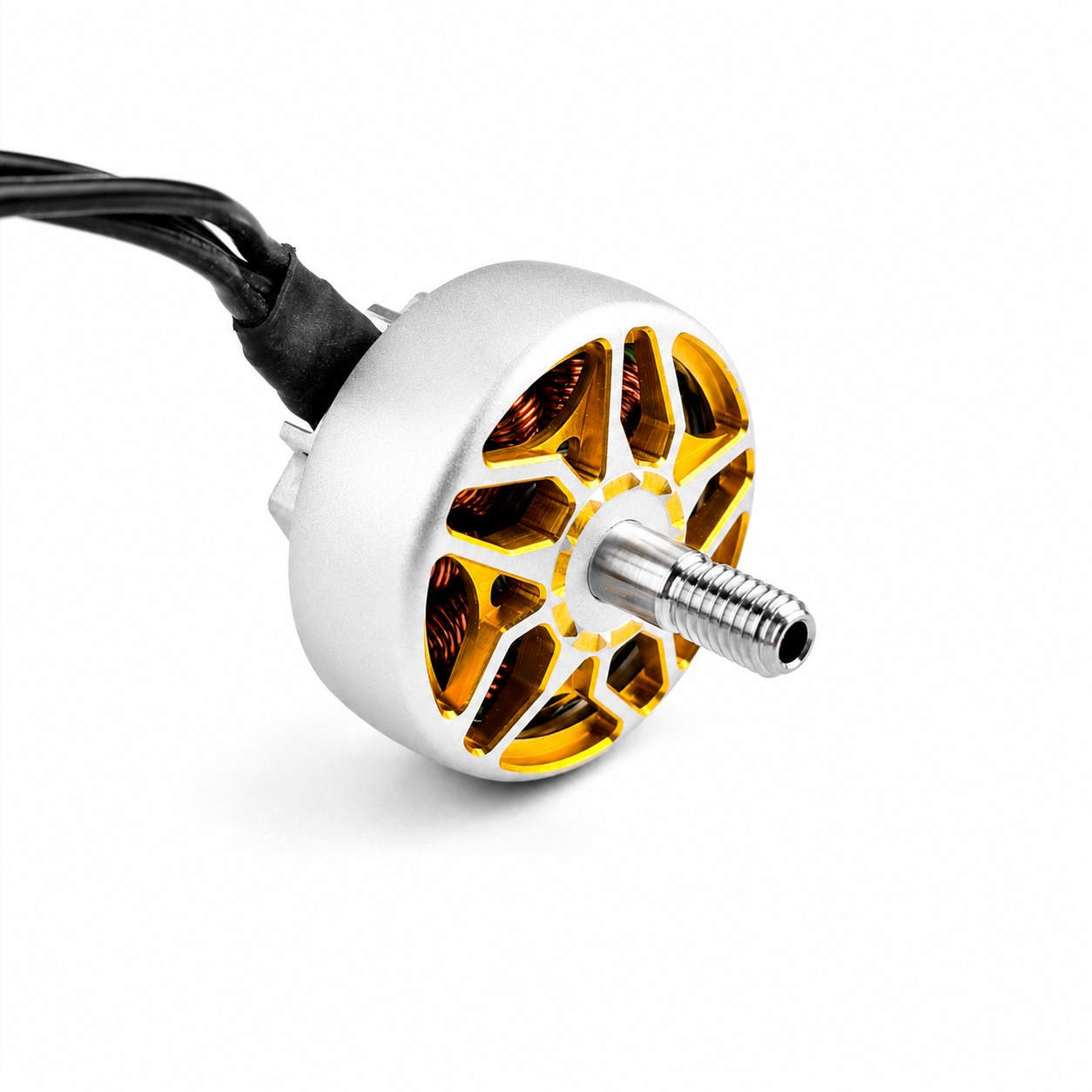 Side perspective view of FlyFishRC Flash 2406 gold motor