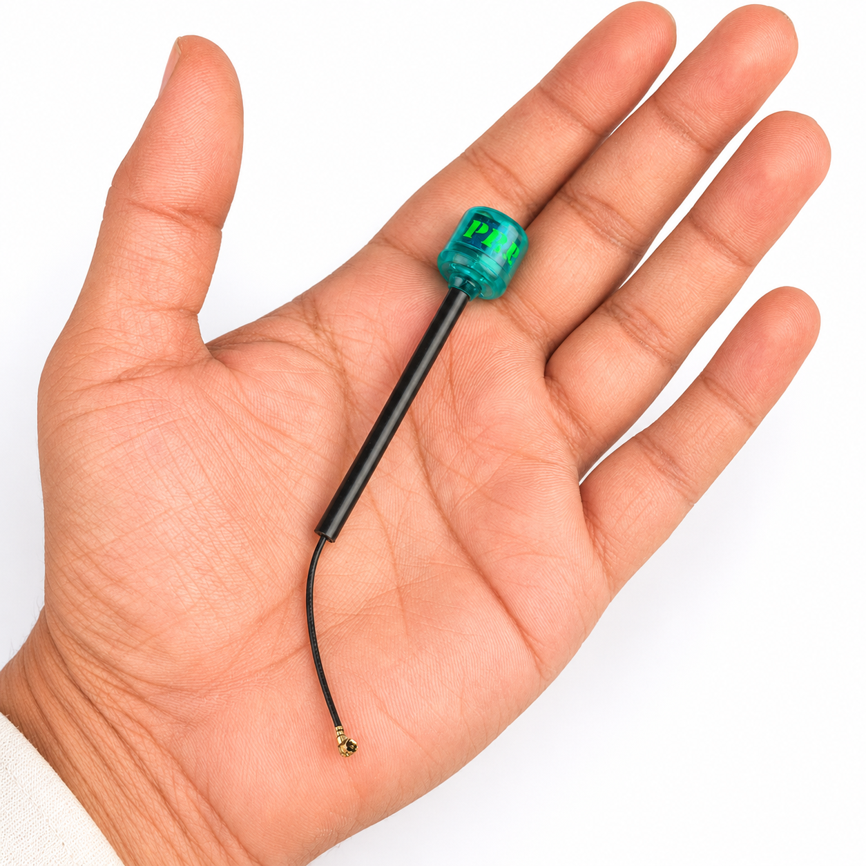 FlyFishRC Osprey 90mm antenna shown in hand for size reference