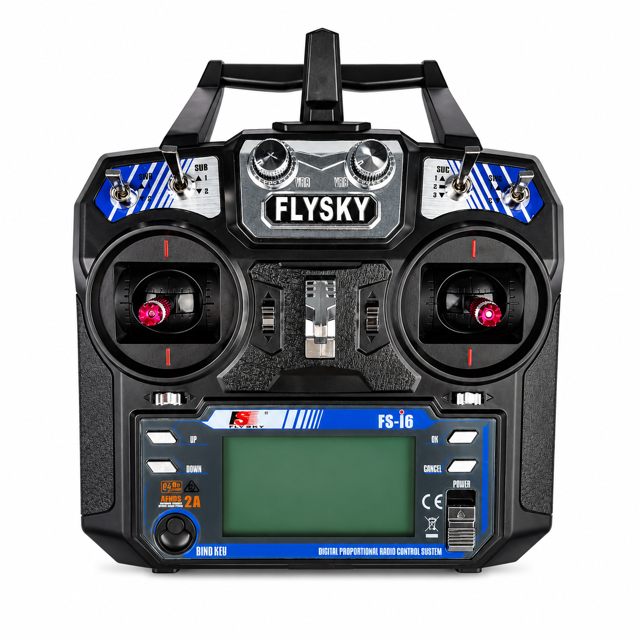 FlySky FS-i6 2.4G 6CH radio transmitter front view with LCD display and dual control sticks