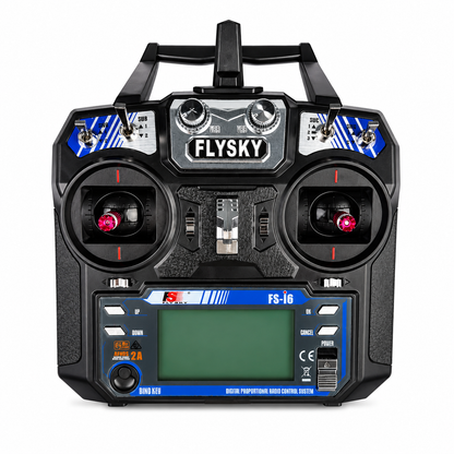 FlySky FS-i6 2.4G 6CH radio transmitter front view with LCD display and dual control sticks