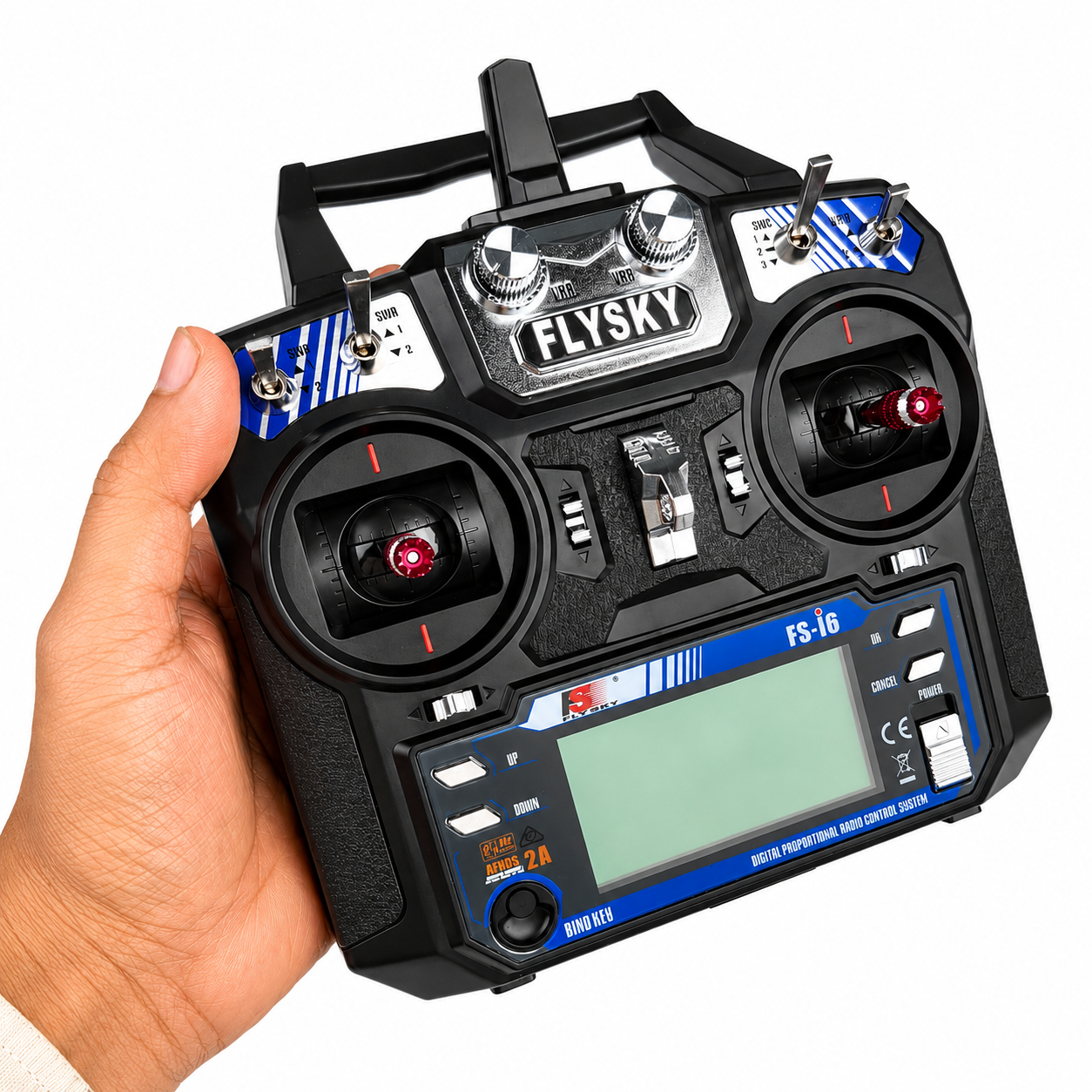 Angled view of FlySky FS-i6 transmitter with LCD display