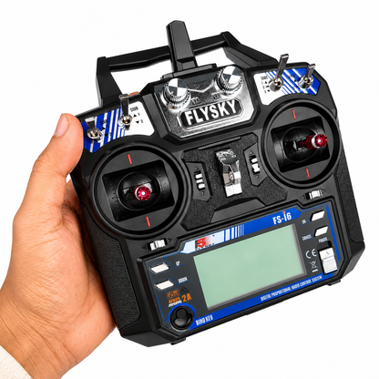 Angled view of FlySky FS-i6 transmitter with LCD display