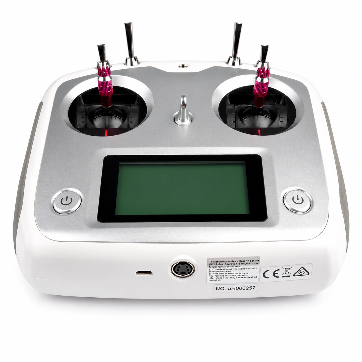 Front display and control sticks of FlySky FS-i6S 10-channel radio transmitter