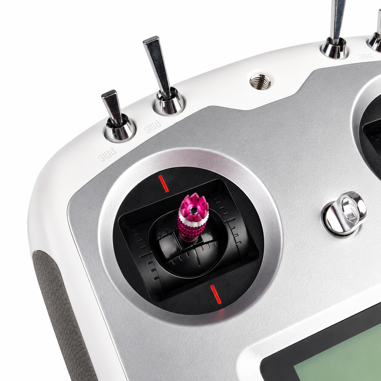 Close-up of FlySky FS-i6S control gimbal and switch assembly