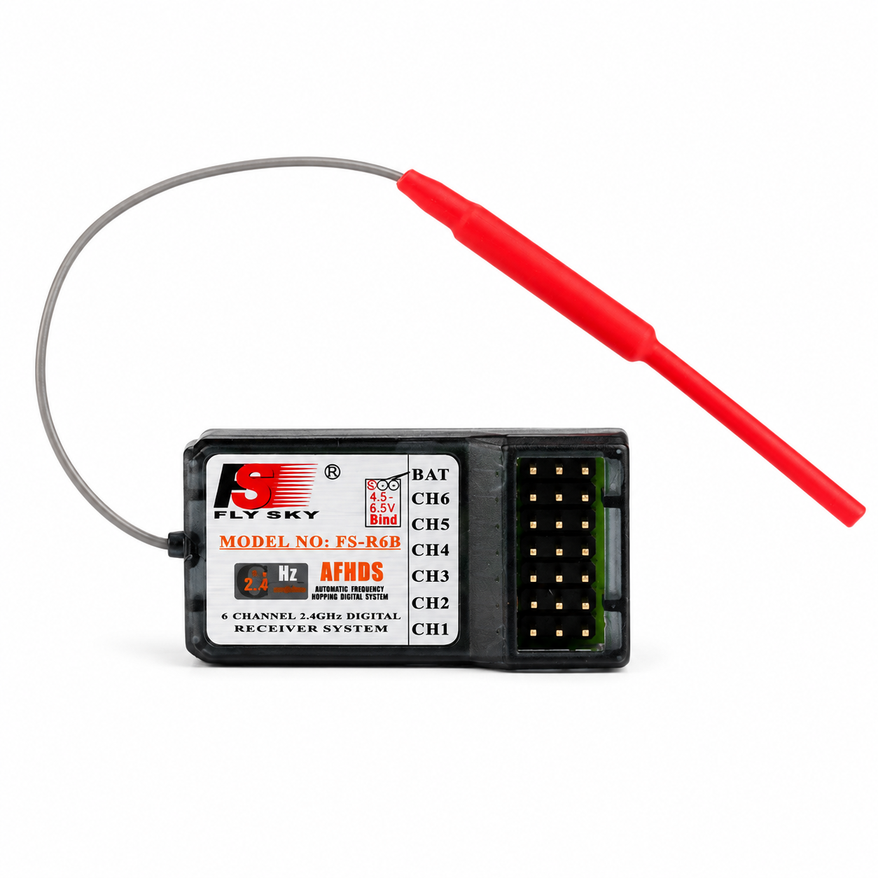 FlySky FS-R6B receiver with antenna cable