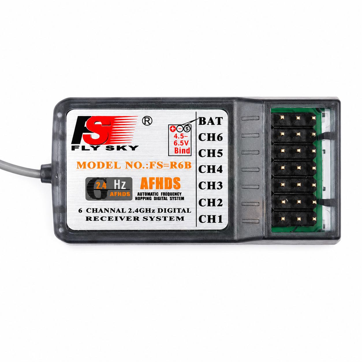 FlySky FS-R6B receiver product label and specifications