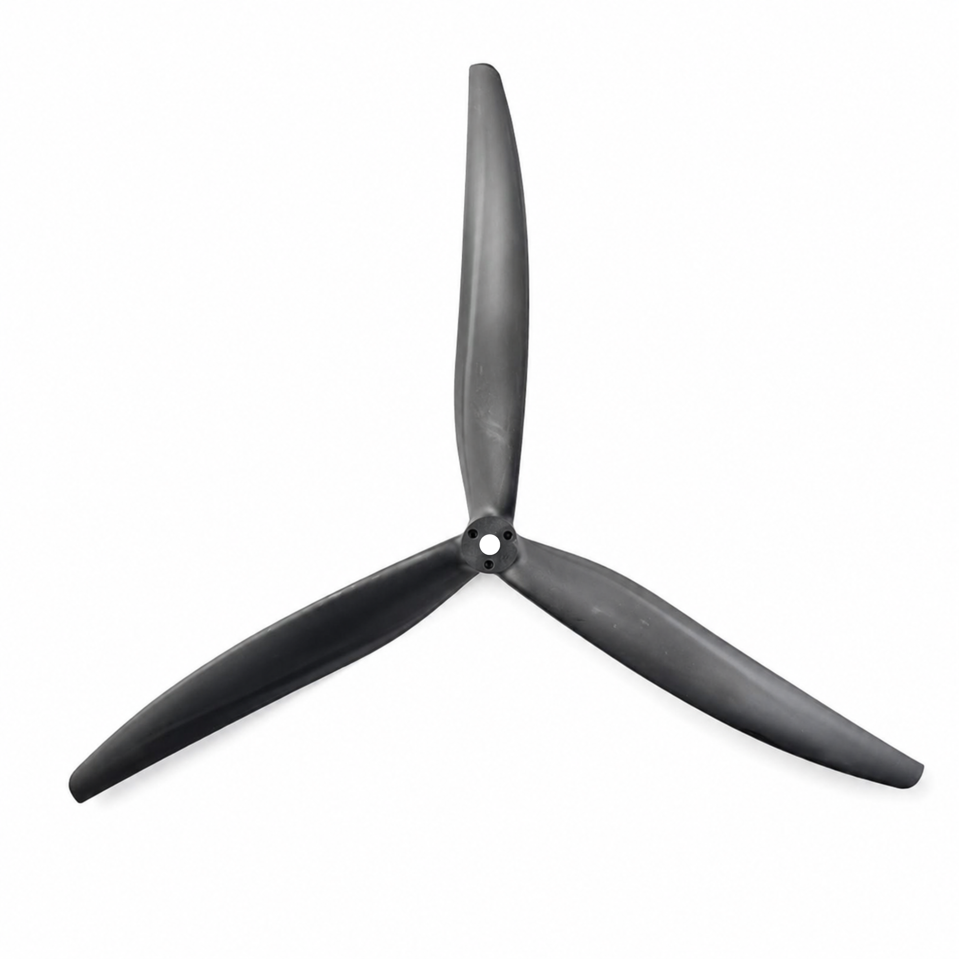 Rear view of Gemfan 13X9 glass fiber reinforced nylon 3-blade black drone propeller with aerodynamic blade profile for stable, efficient flight.