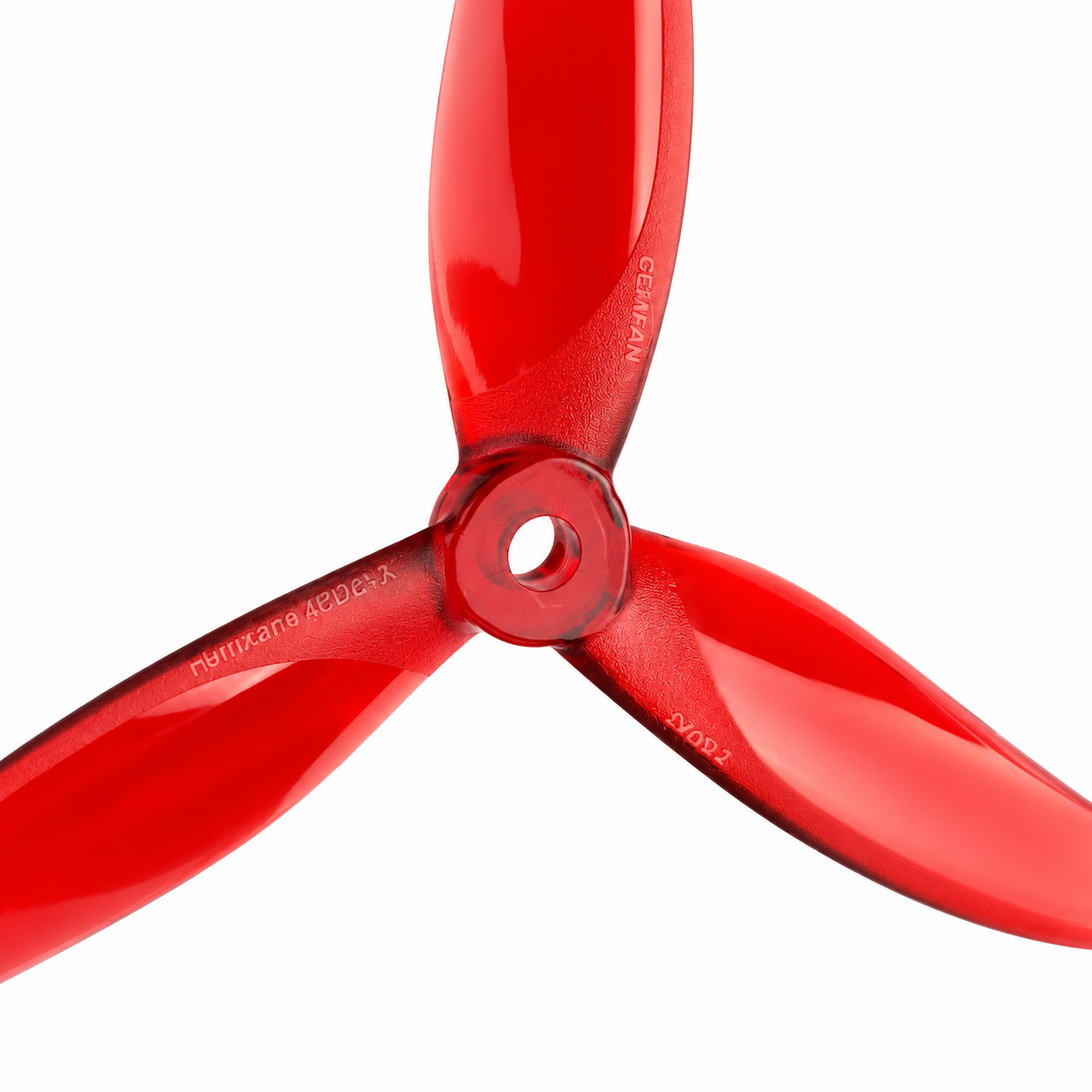 Four Gemfan 5127.5 Proxy Phoenix Red 5.1-inch FPV Propellers arranged on a white background