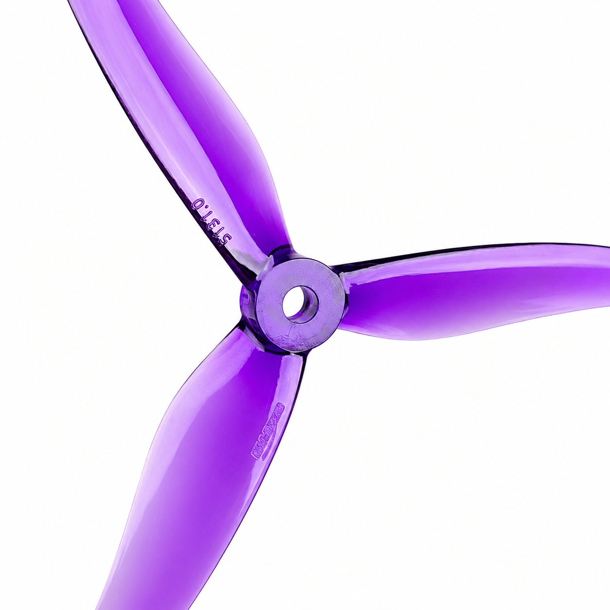 Four Gemfan 5131.0 Fury Purple 5-inch FPV Propellers arranged together