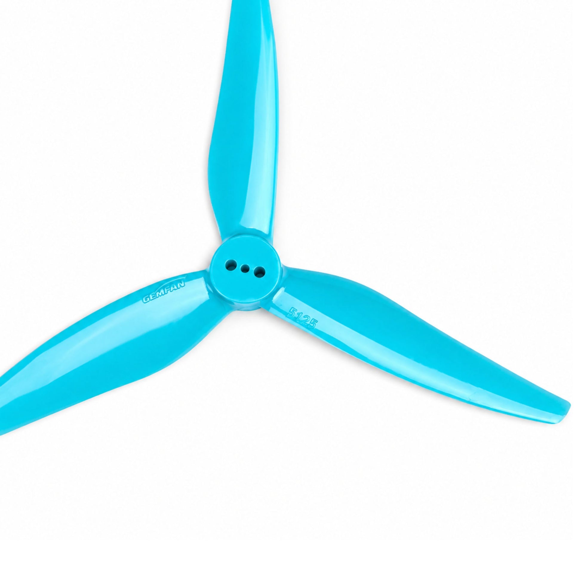 Close-up of Gemfan Hurricane 5125 UltraLite Racing Propeller Light Blue showing the 3-blade hub design and blade profile for FPV racing drones.