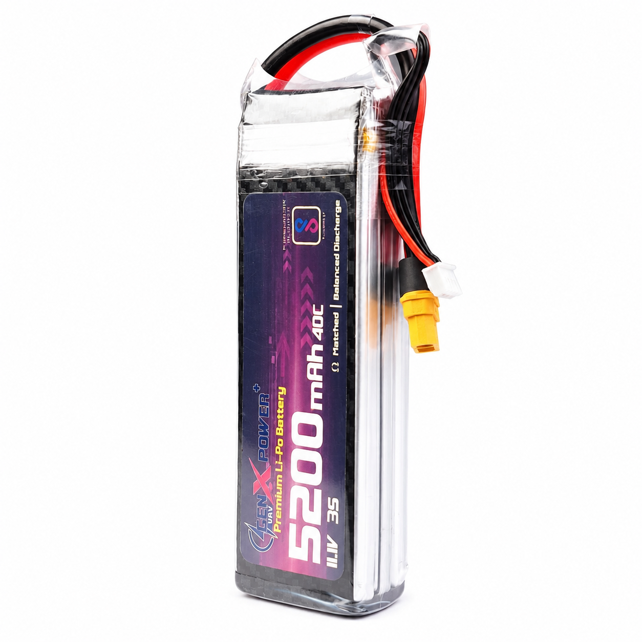 Angled view of GenX 5200mAh 40C LiPo battery with XT60 connector