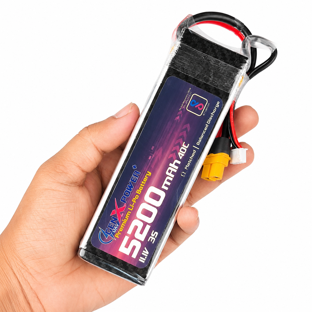 Hand holding GenX 11.1V 3S 5200mAh 40C LiPo battery pack