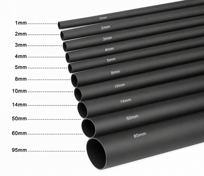 60mm black heat shrink tubing with size reference for electrical applications