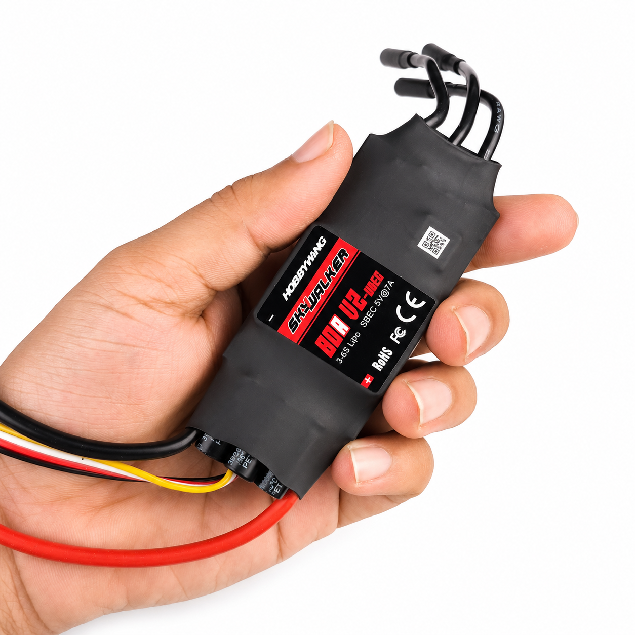 Hobbywing Skywalker 80A UBEC ESC shown in hand for size reference