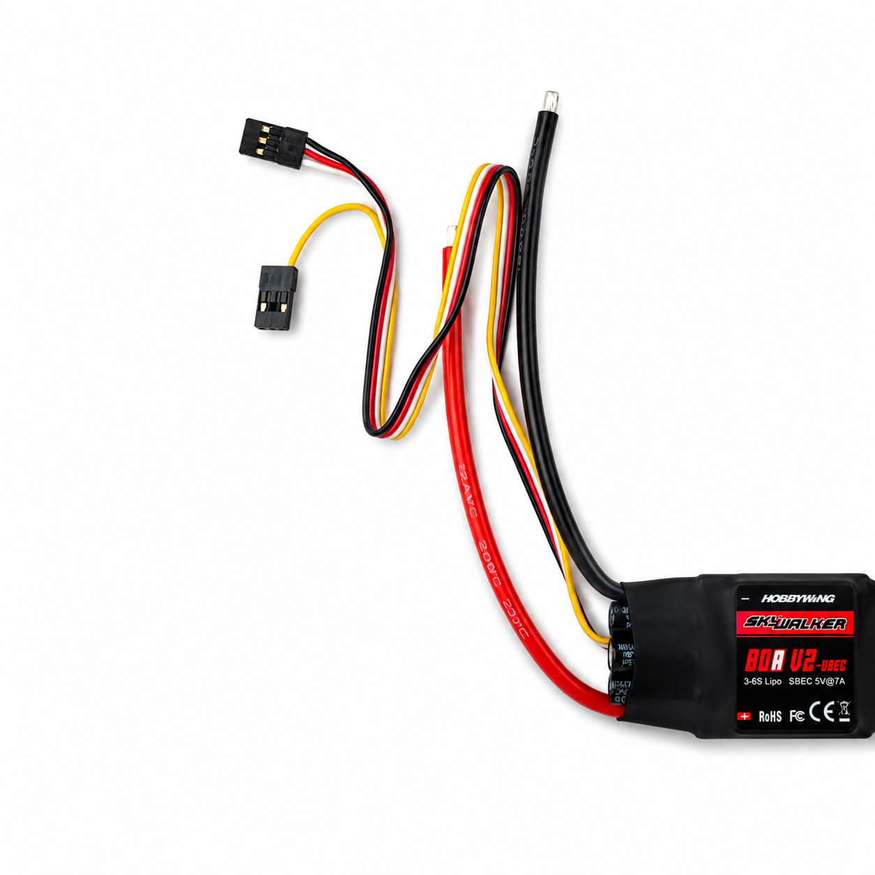 Side view of Hobbywing Skywalker 80A UBEC electronic speed controller for RC aircraft