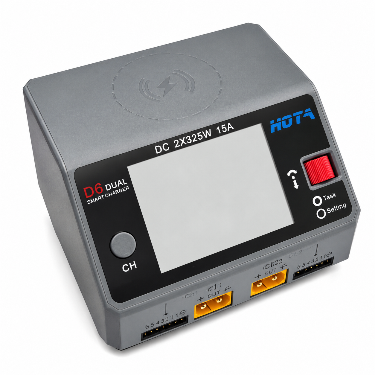 Angled front view of HOTA D6 dual channel smart charger