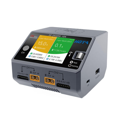 Battery charging status screen on HOTA D6 dual channel charger