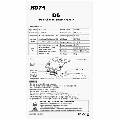 HOTA D6 charger specifications and technical information sheet