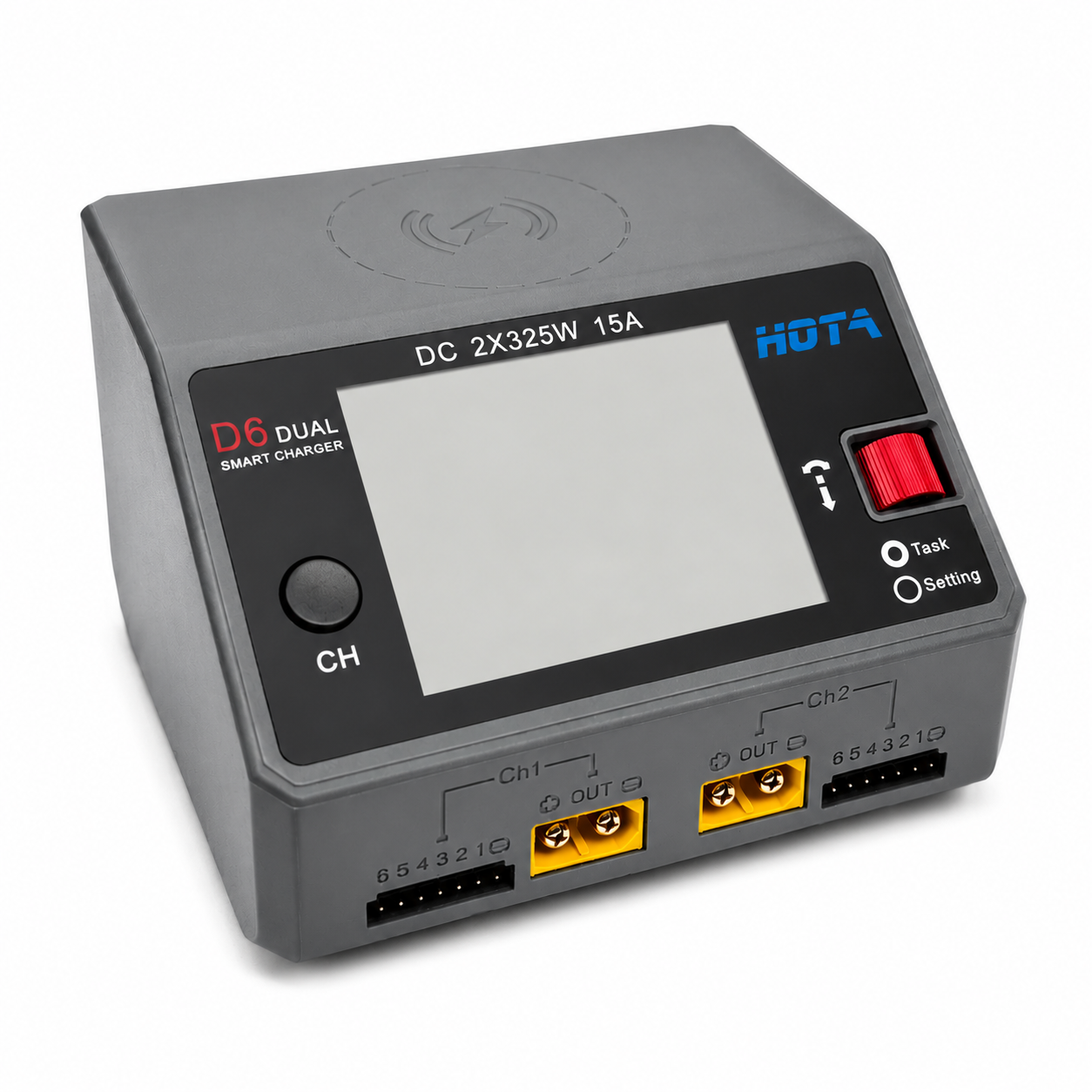 Three quarter angle view of HOTA D6 smart charger