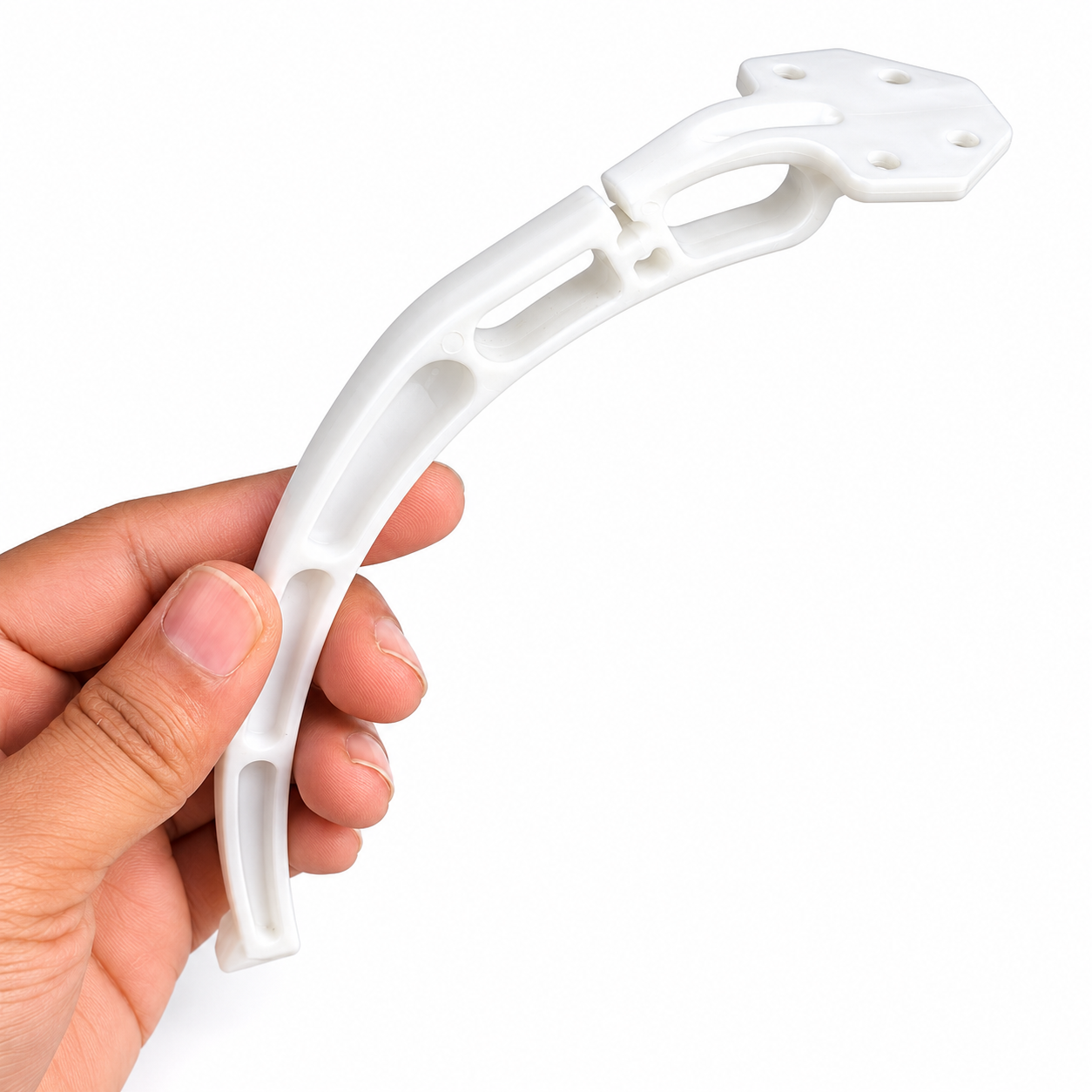 Angled view of white landing gear plastic for quadcopter