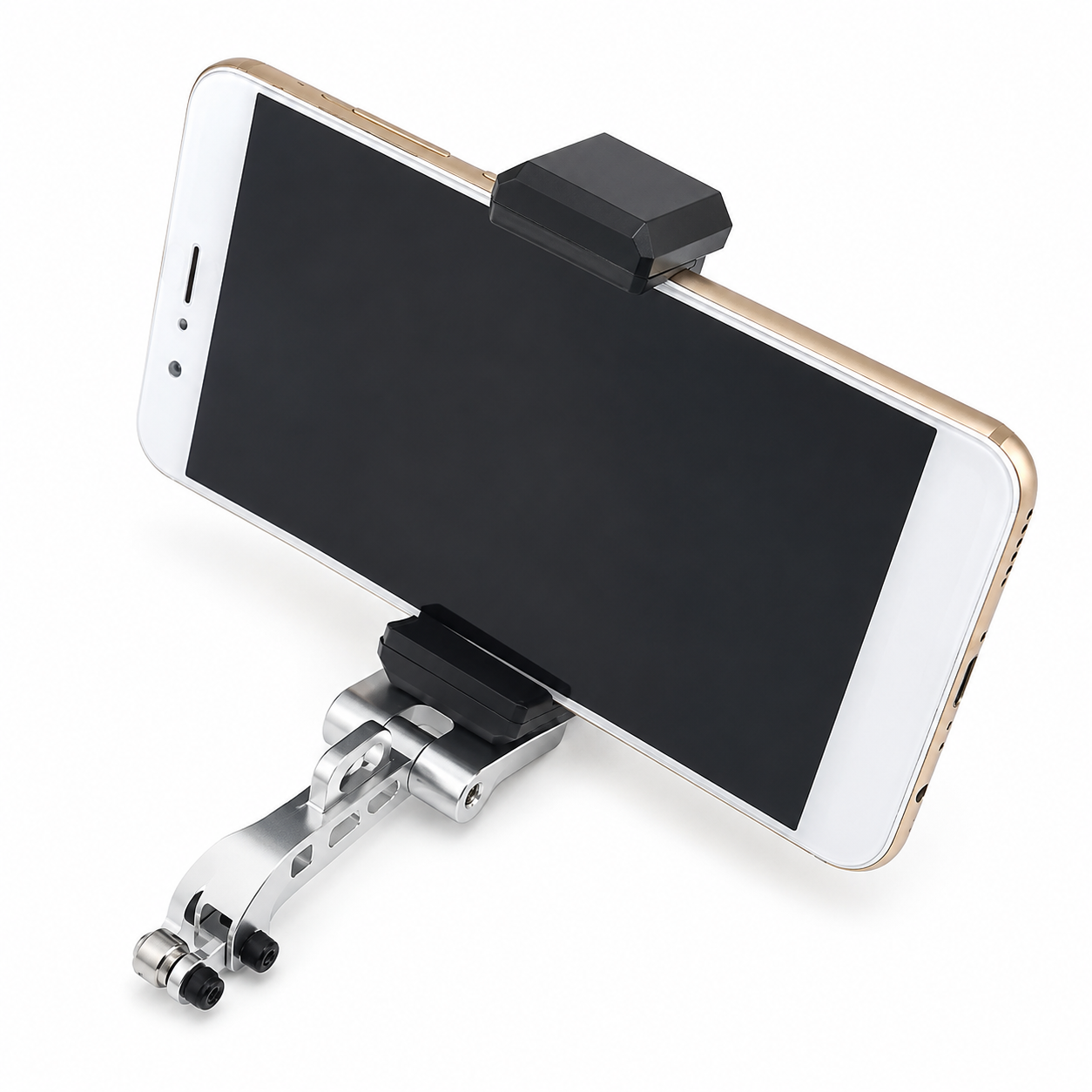 Metal phone tripod mount holding smartphone