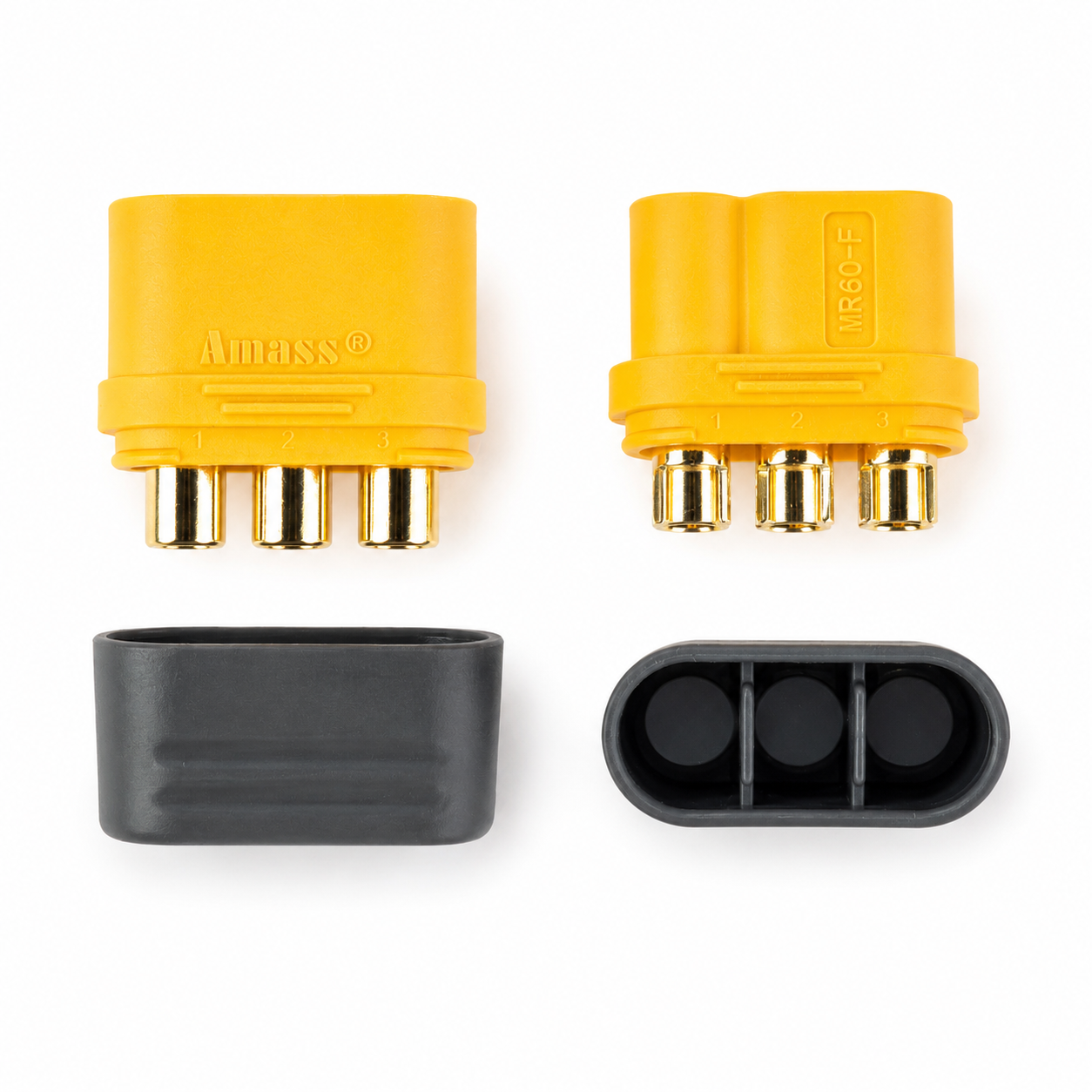 Amass MR60 battery connectors with flame-retardant housing caps.