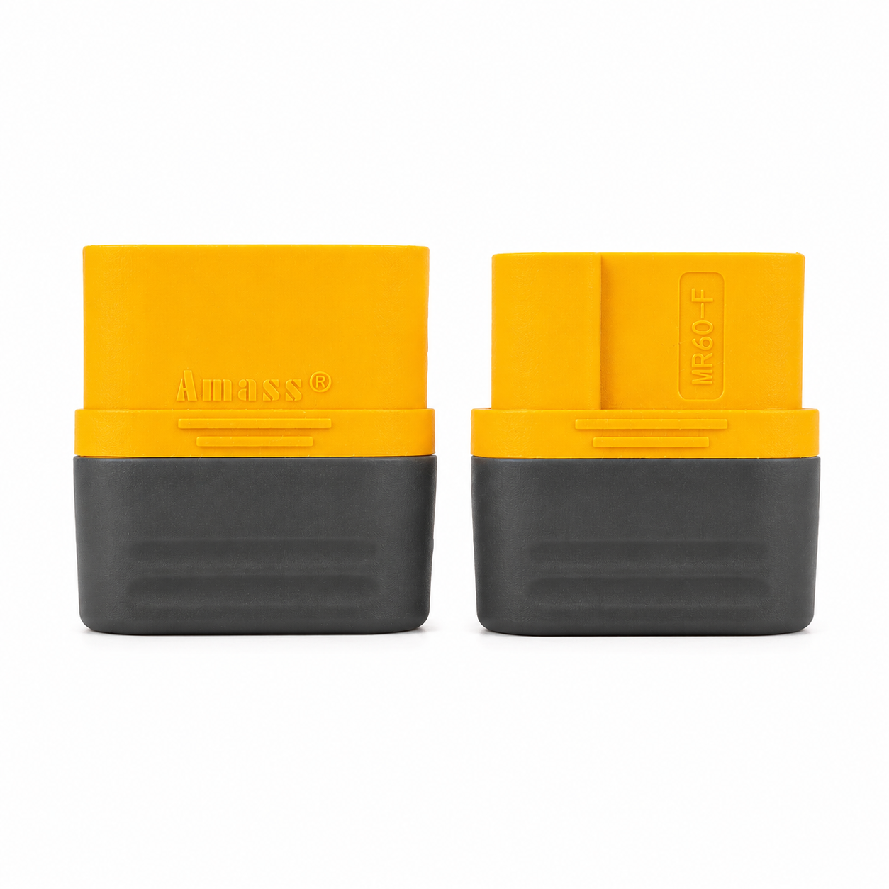 Amass MR60 male and female battery connectors with housing caps.