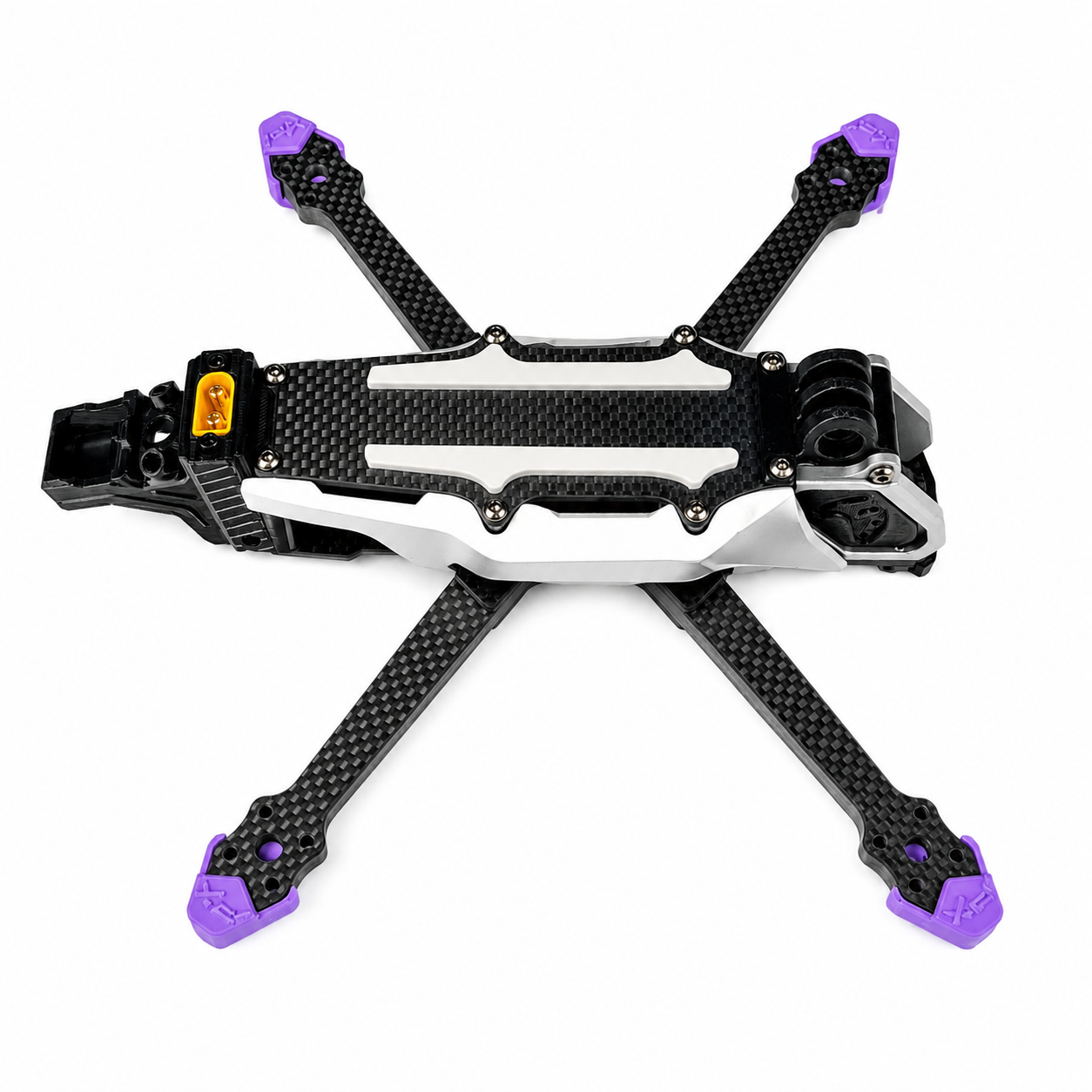 Top view of PXRC 5 Inch Carbon Fiber FPV Racing Drone X Frame with carbon fiber arms, purple arm protectors and lightweight racing frame design.