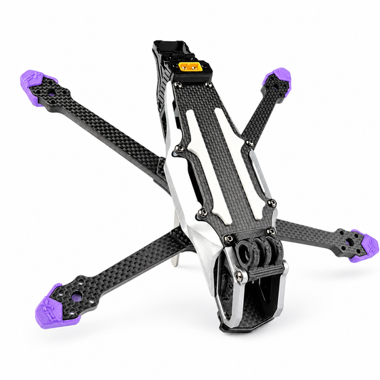 Angled view of PXRC 5 Inch carbon fiber FPV racing drone frame.