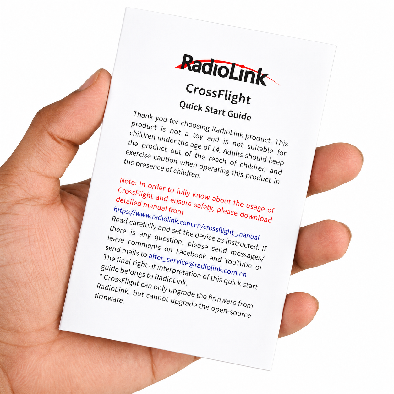 Radiolink CrossFlight product documentation shown in hand