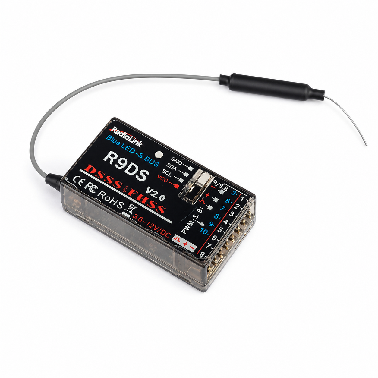 Angled view of Radiolink R9DS long range RC receiver