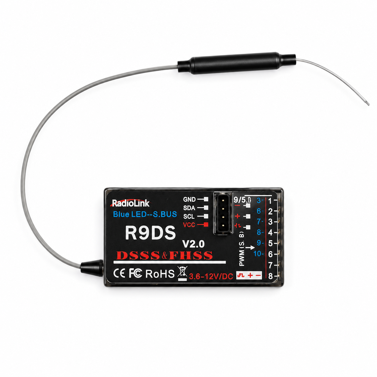 Front view of Radiolink R9DS 2.4GHz receiver with antenna