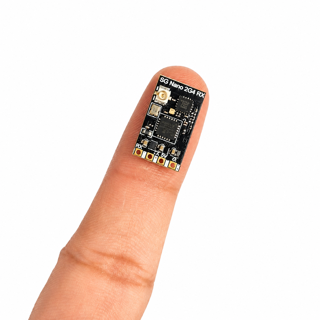 Skyguy ExpressLRS Nano receiver shown on fingertip for size comparison