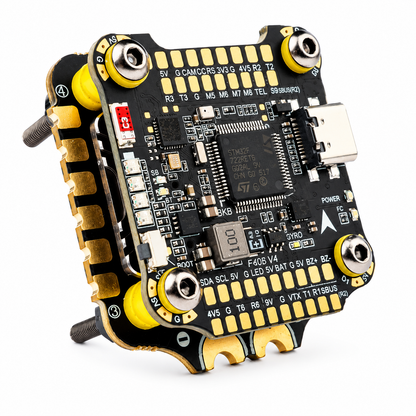 Front view of speedybee F405 V4 BLS 60A flight controller ESC stack