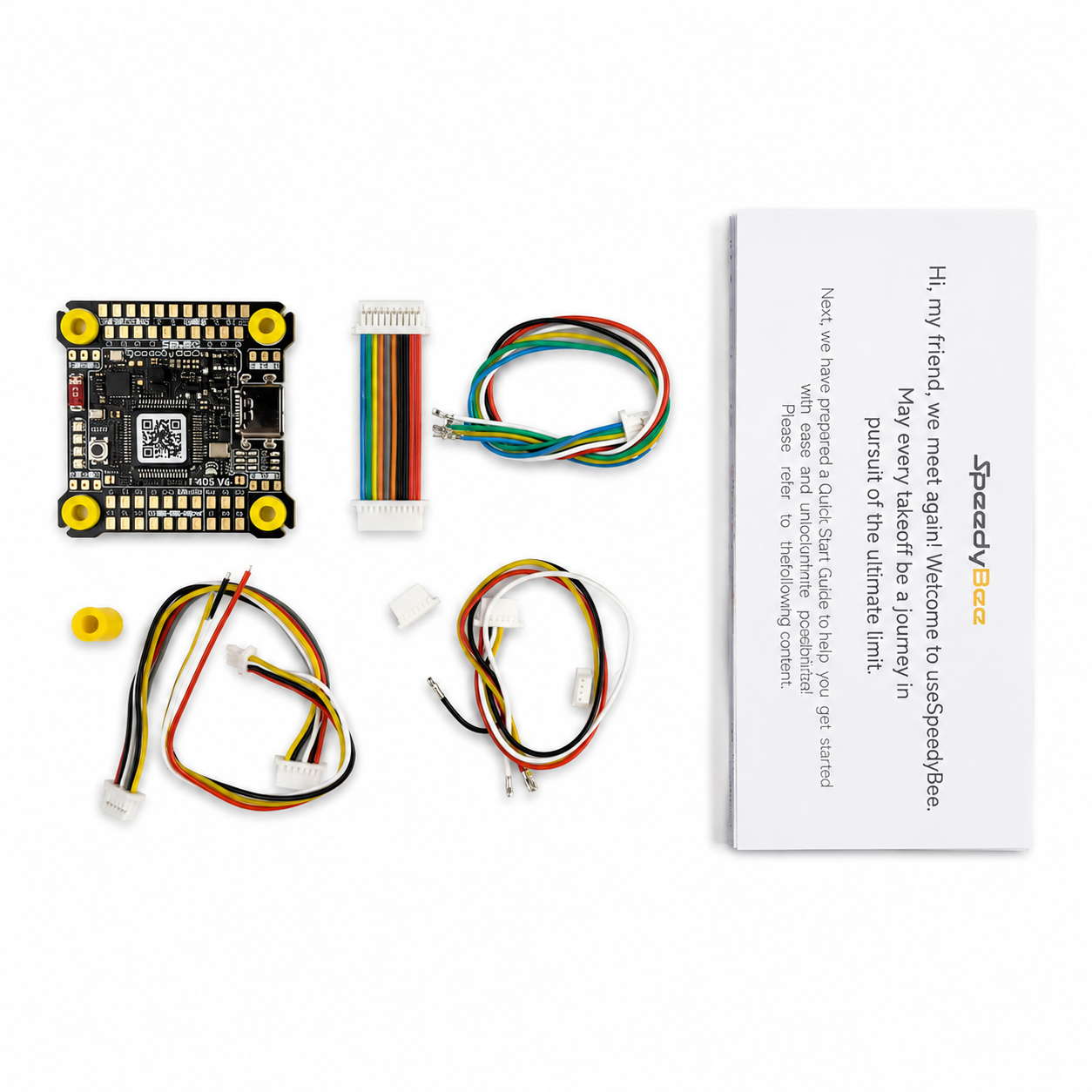 SpeedyBee F405 V5 Flight Controller with included accessories and mounting hardware