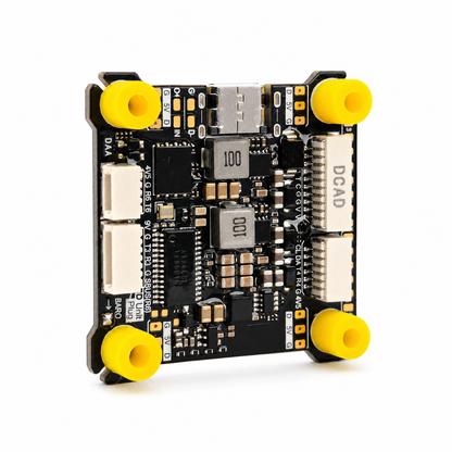 Bottom view of SpeedyBee F405 V5 Flight Controller with solder pads and connectors