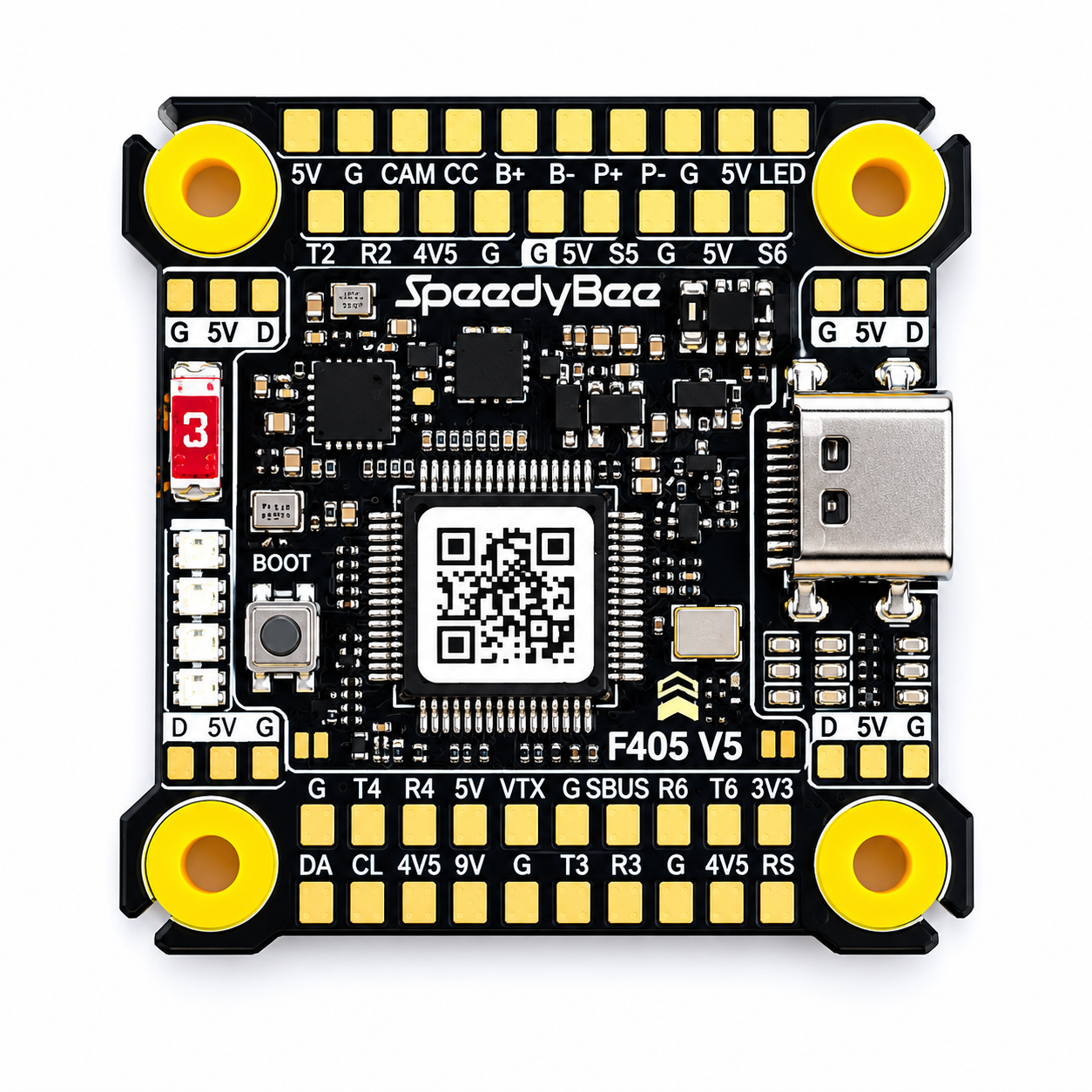 SpeedyBee F405 V5 Flight Controller front view with STM32F405 MCU and Type-C USB port