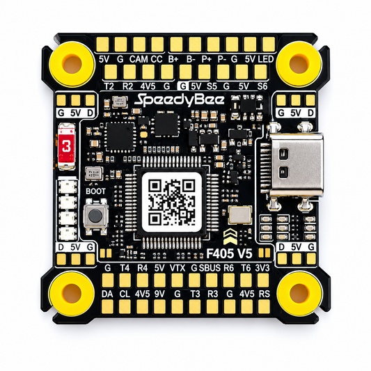 SpeedyBee F405 V5 Flight Controller front view with STM32F405 MCU and Type-C USB port