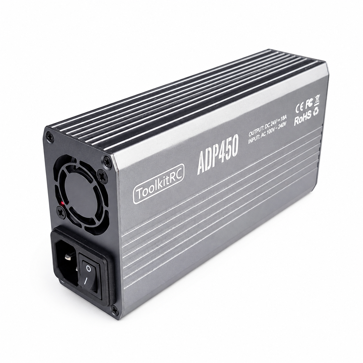 Angled view of ToolkitRC ADP450 AC DC power supply