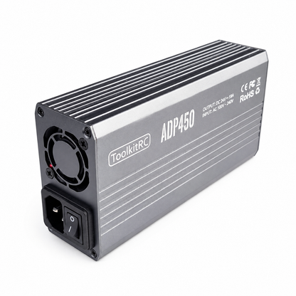 Angled view of ToolkitRC ADP450 AC DC power supply