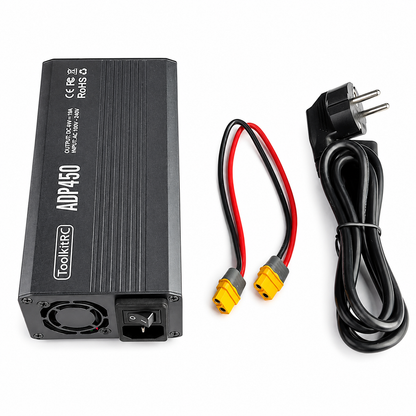 ToolkitRC ADP450 power supply package with cables and accessories