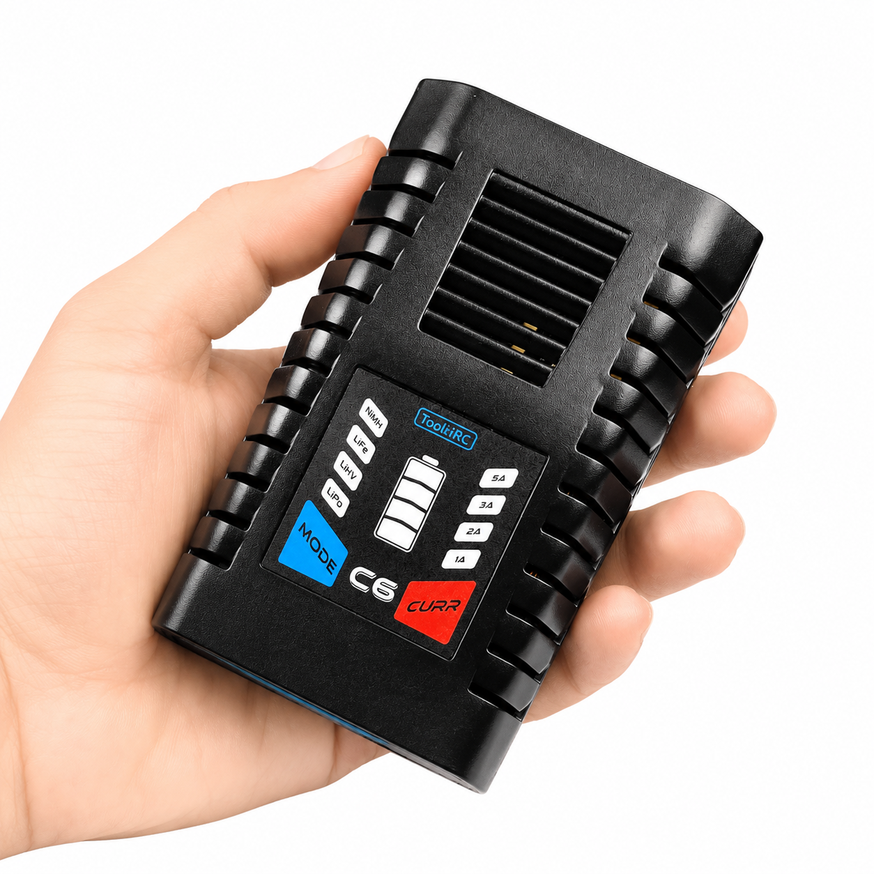 ToolkitRC C6 compact battery charger shown in hand