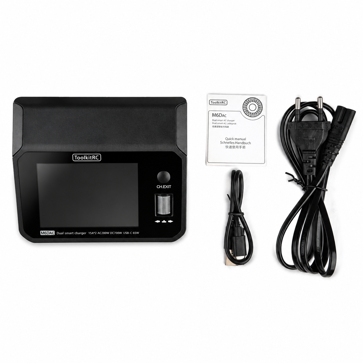 ToolkitRC M6DAC charger package contents with cables and accessories