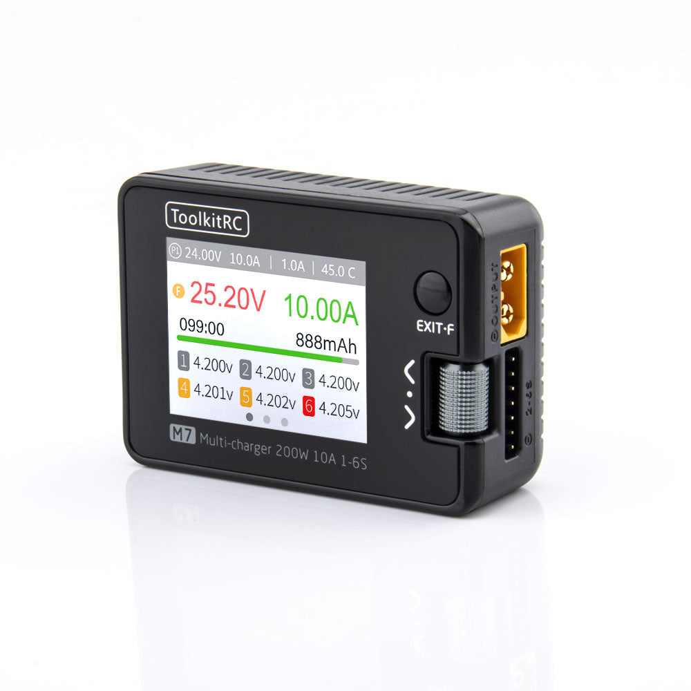 Angled view of ToolkitRC M7 multifunctional charger